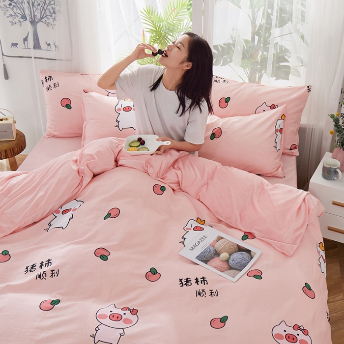 91家纺网 家纺一手货源 找家纺 一米阳光 2019新款A棉B纯色绒四件套 粉粉猪