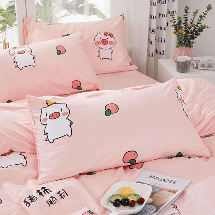 91家纺网 家纺一手货源 找家纺 一米阳光 2019新款A棉B纯色绒四件套 粉粉猪