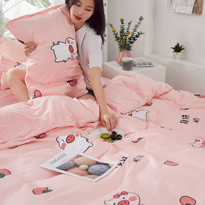 91家纺网 家纺一手货源 找家纺 一米阳光 2019新款A棉B纯色绒四件套 粉粉猪