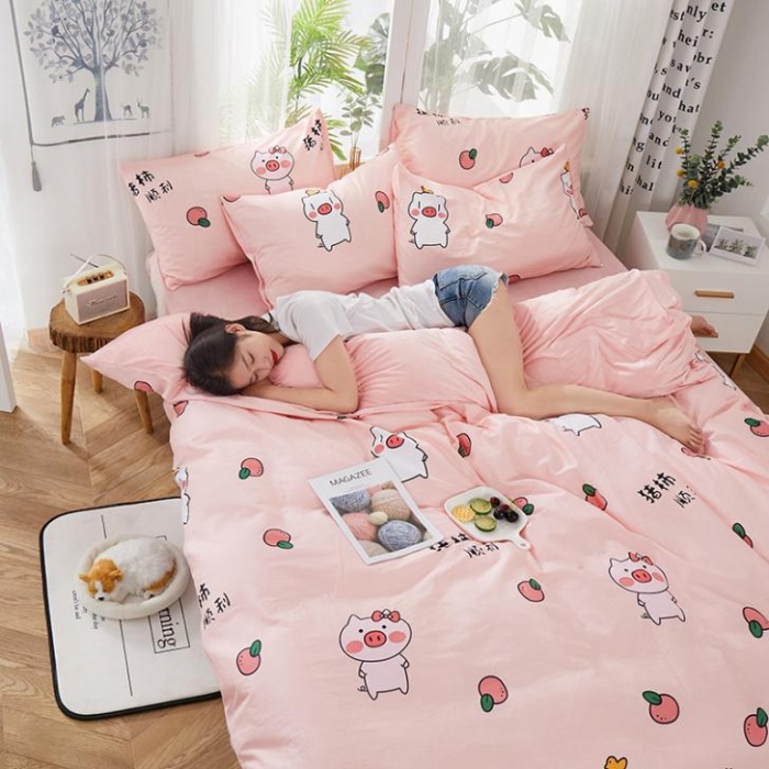 91家纺网 家纺一手货源 找家纺 一米阳光 2019新款A棉B纯色绒四件套 粉粉猪