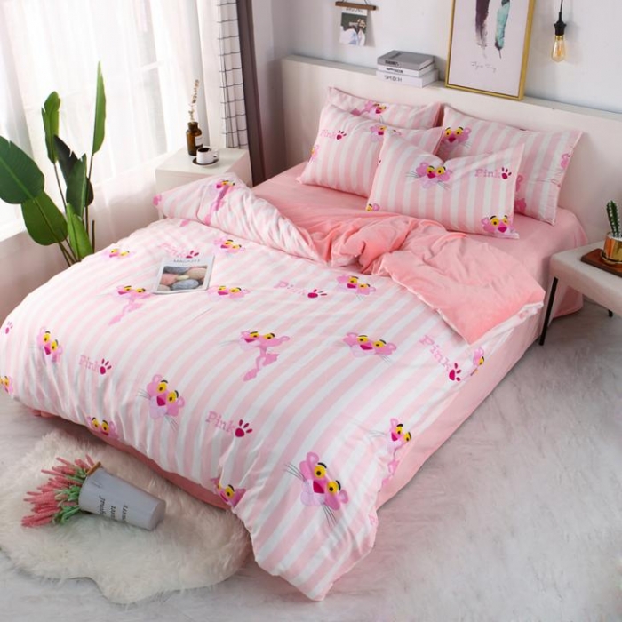 91家纺网 家纺一手货源 找家纺 一米阳光 2019新款A棉B纯色绒四件套 粉红豹