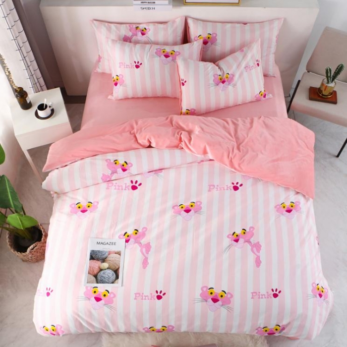 91家纺网 家纺一手货源 找家纺 一米阳光 2019新款A棉B纯色绒四件套 粉红豹