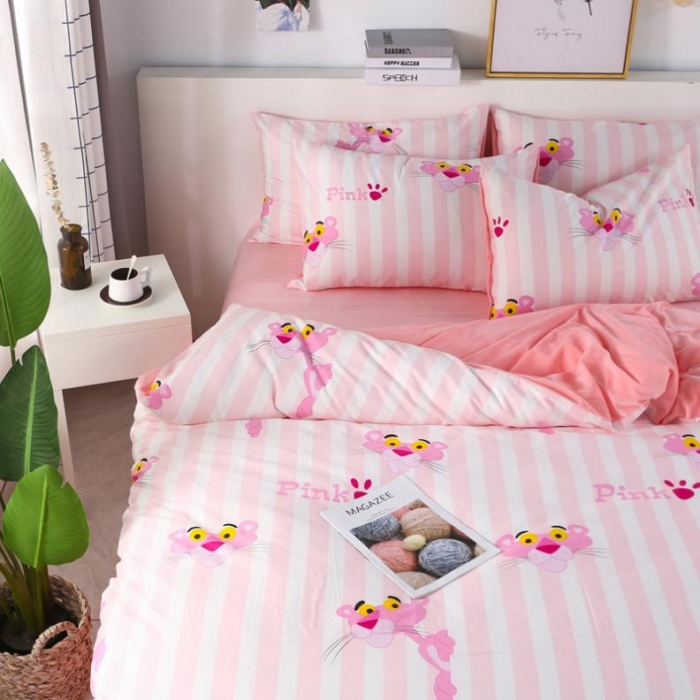 91家纺网 家纺一手货源 找家纺 一米阳光 2019新款A棉B纯色绒四件套 粉红豹