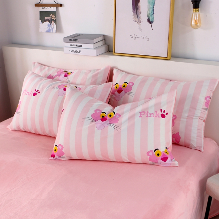 91家纺网 家纺一手货源 找家纺 一米阳光 2019新款A棉B纯色绒四件套 粉红豹