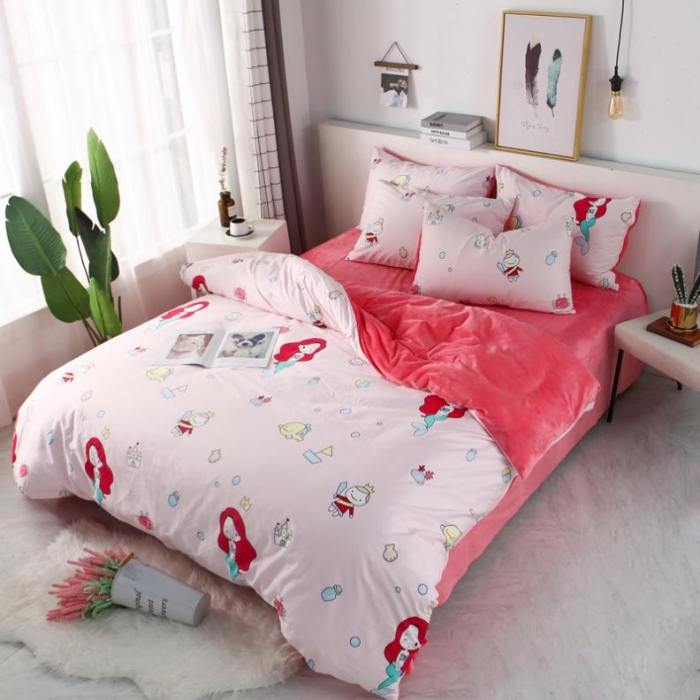 91家纺网 家纺一手货源 找家纺 一米阳光 2019新款A棉B纯色绒四件套 美人鱼