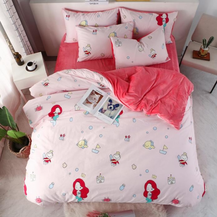 91家纺网 家纺一手货源 找家纺 一米阳光 2019新款A棉B纯色绒四件套 美人鱼