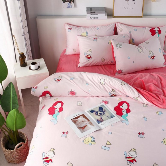 91家纺网 家纺一手货源 找家纺 一米阳光 2019新款A棉B纯色绒四件套 美人鱼