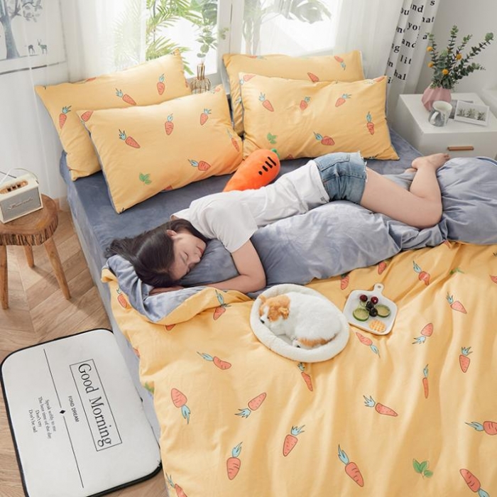 91家纺网 家纺一手货源 找家纺 一米阳光 2019新款A棉B纯色绒四件套 棉绒胡萝卜