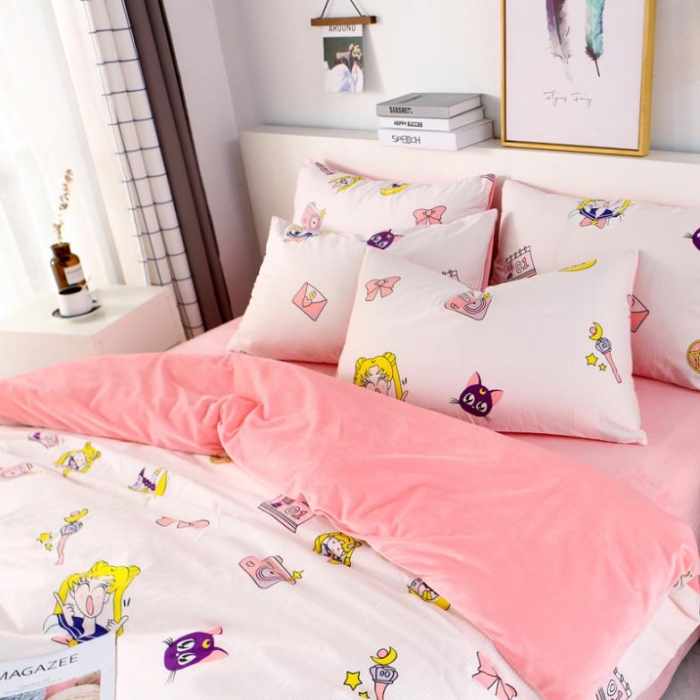 91家纺网 家纺一手货源 找家纺 一米阳光 2019新款A棉B纯色绒四件套 水冰月