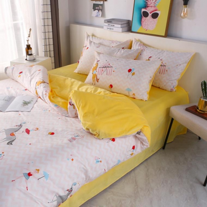 91家纺网 家纺一手货源 找家纺 一米阳光 2019新款A棉B纯色绒四件套 旋转木马