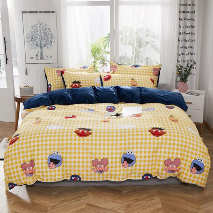 91家纺网 家纺一手货源 找家纺 一米阳光 2019新款A棉B纯色绒四件套 芝麻街