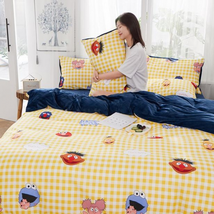 91家纺网 家纺一手货源 找家纺 一米阳光 2019新款A棉B纯色绒四件套 芝麻街