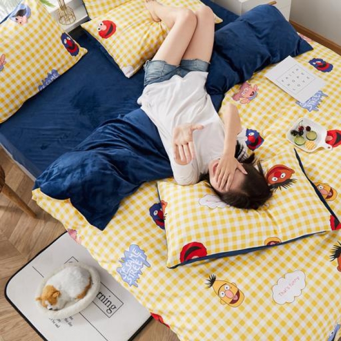 91家纺网 家纺一手货源 找家纺 一米阳光 2019新款A棉B纯色绒四件套 芝麻街