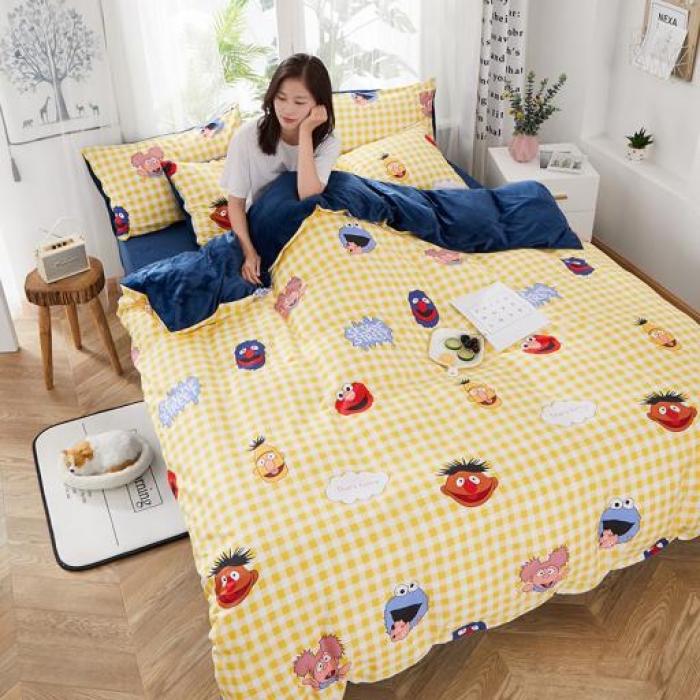 91家纺网 家纺一手货源 找家纺 一米阳光 2019新款A棉B纯色绒四件套 芝麻街