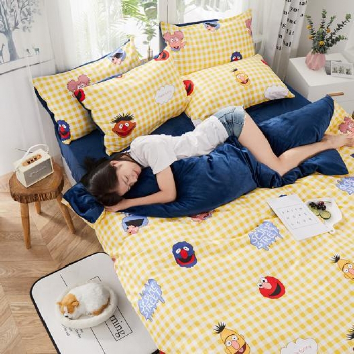 91家纺网 家纺一手货源 找家纺 一米阳光 2019新款A棉B纯色绒四件套 芝麻街