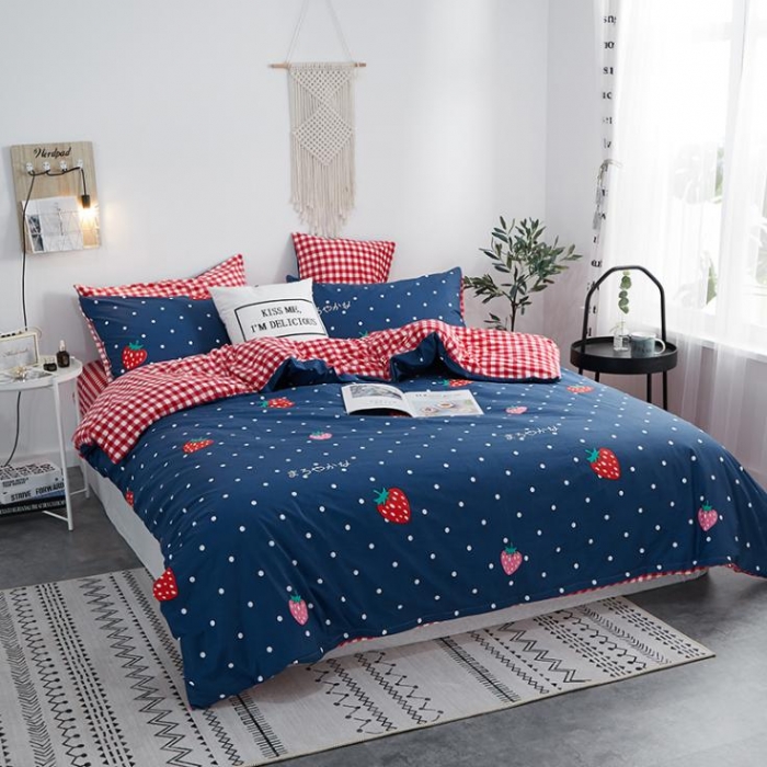 91家纺网 家纺一手货源 找家纺 一米阳光 2019新款A棉B格子绒四件套 格绒-草莓