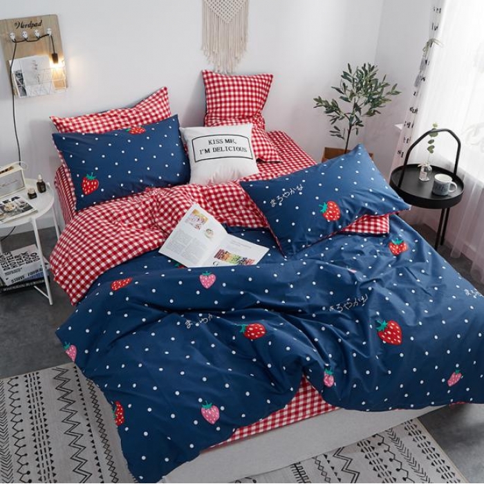 91家纺网 家纺一手货源 找家纺 一米阳光 2019新款A棉B格子绒四件套 格绒-草莓