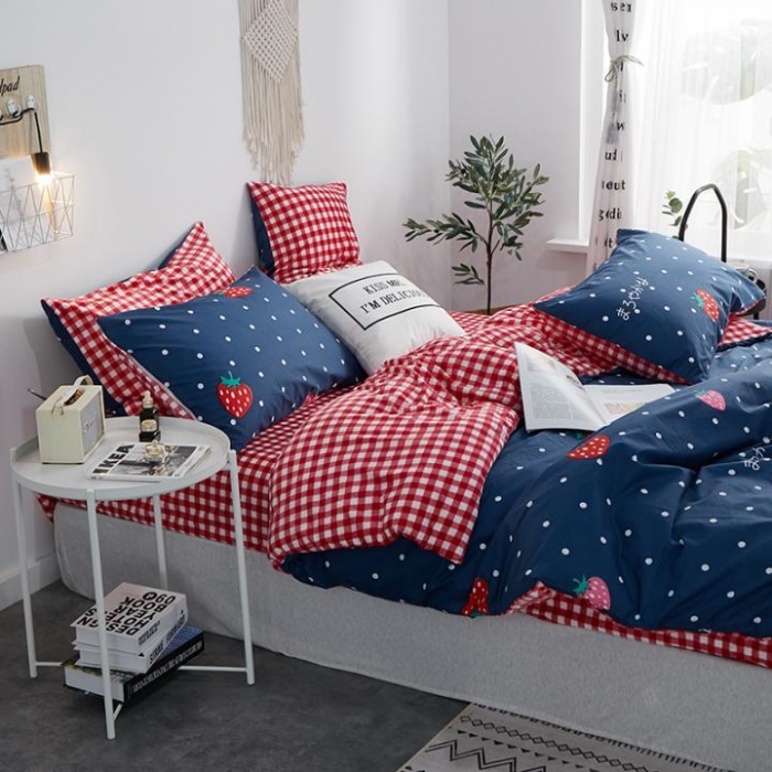 91家纺网 家纺一手货源 找家纺 一米阳光 2019新款A棉B格子绒四件套 格绒-草莓