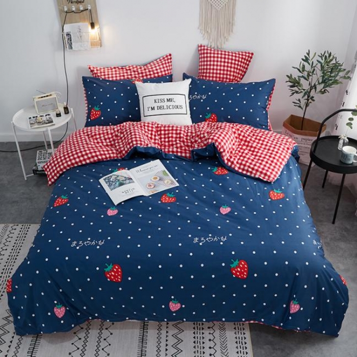 91家纺网 家纺一手货源 找家纺 一米阳光 2019新款A棉B格子绒四件套 格绒-草莓