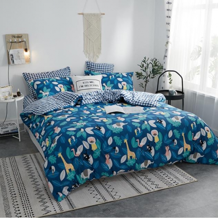 91家纺网 家纺一手货源 找家纺 一米阳光 2019新款A棉B格子绒四件套 格绒-动物派对