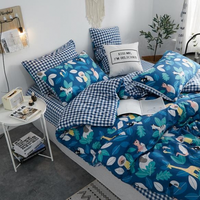 91家纺网 家纺一手货源 找家纺 一米阳光 2019新款A棉B格子绒四件套 格绒-动物派对