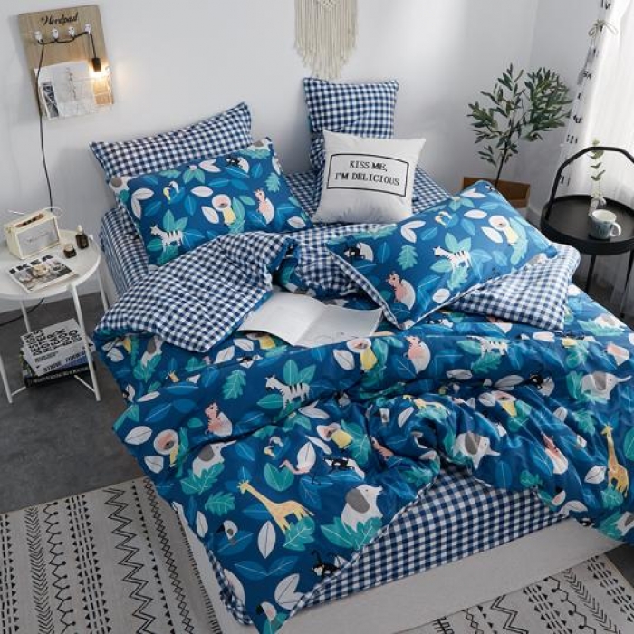 91家纺网 家纺一手货源 找家纺 一米阳光 2019新款A棉B格子绒四件套 格绒-动物派对