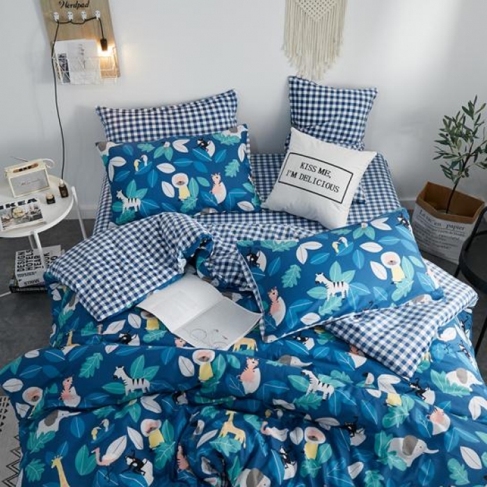 91家纺网 家纺一手货源 找家纺 一米阳光 2019新款A棉B格子绒四件套 格绒-动物派对