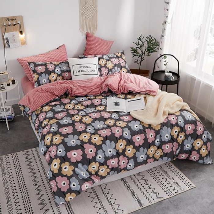 91家纺网 家纺一手货源 找家纺 一米阳光 2019新款A棉B格子绒四件套 格绒-花开宿语