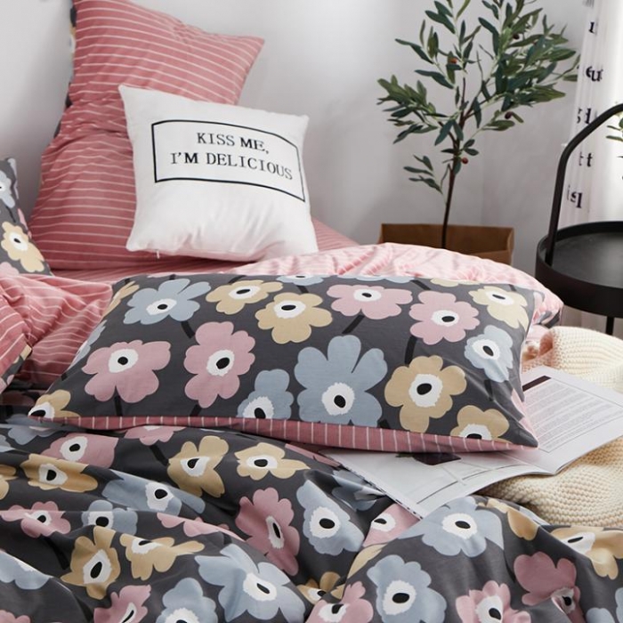 91家纺网 家纺一手货源 找家纺 一米阳光 2019新款A棉B格子绒四件套 格绒-花开宿语