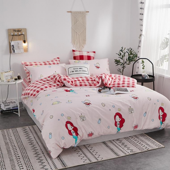 91家纺网 家纺一手货源 找家纺 一米阳光 2019新款A棉B格子绒四件套 格绒-美人鱼