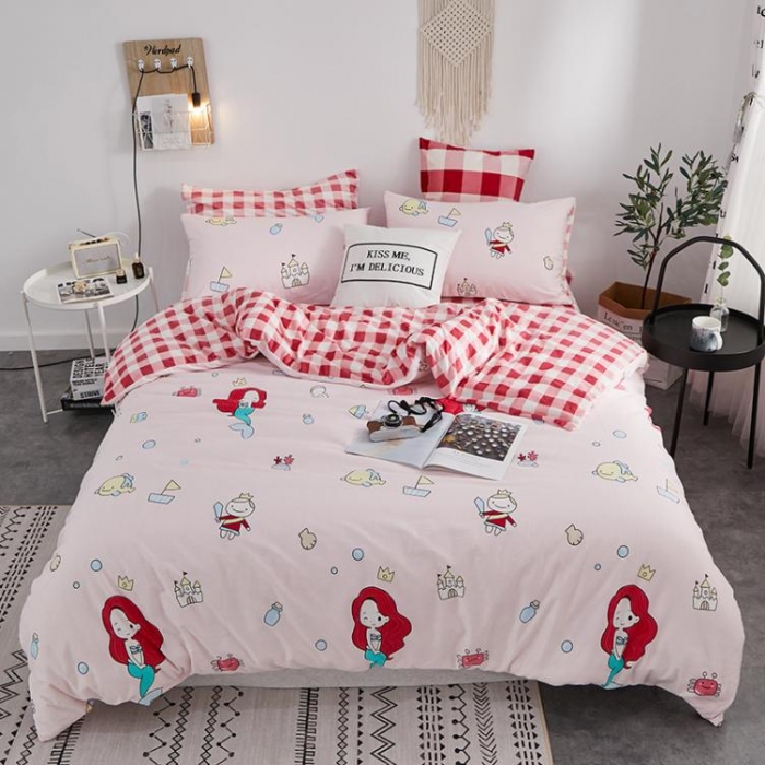 91家纺网 家纺一手货源 找家纺 一米阳光 2019新款A棉B格子绒四件套 格绒-美人鱼