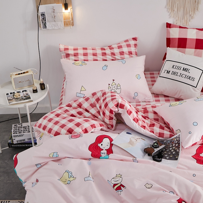 91家纺网 家纺一手货源 找家纺 一米阳光 2019新款A棉B格子绒四件套 格绒-美人鱼