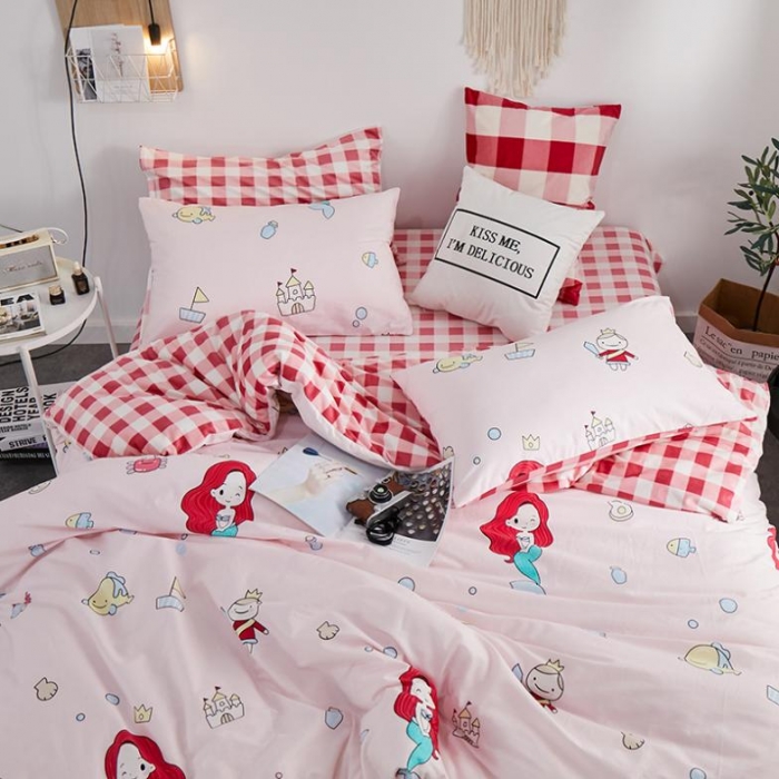 91家纺网 家纺一手货源 找家纺 一米阳光 2019新款A棉B格子绒四件套 格绒-美人鱼