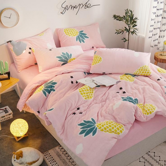 91家纺网 家纺一手货源 找家纺 一米阳光 2019新款法莱绒四件套 大菠萝