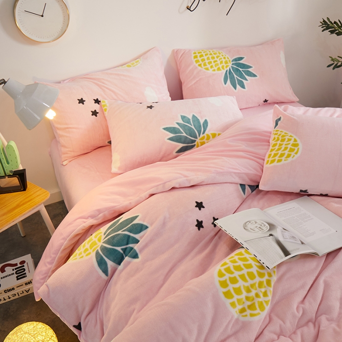 91家纺网 家纺一手货源 找家纺 一米阳光 2019新款法莱绒四件套 大菠萝