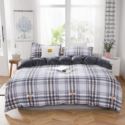 一米阳光 2019新款A棉B纯色绒四件套 灰格