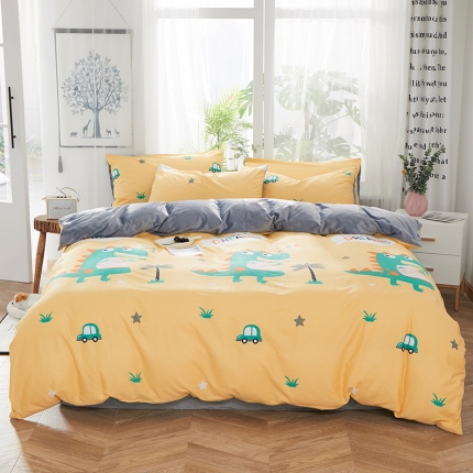 一米阳光 2019新款A棉B纯色绒四件套 小恐龙