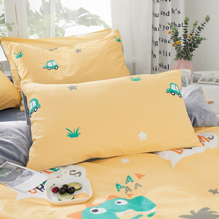 91家纺网 家纺一手货源 找家纺 一米阳光 2019新款A棉B纯色绒四件套 小恐龙