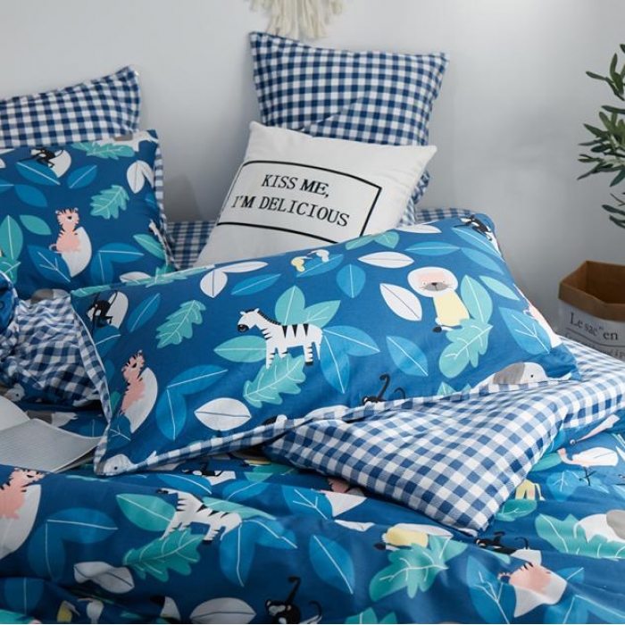 91家纺网 家纺一手货源 找家纺 一米阳光 2019新款A棉B格子绒四件套 格绒-动物派对