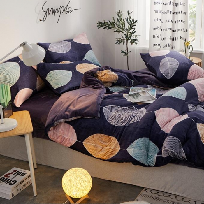 91家纺网 家纺一手货源 找家纺 一米阳光 2019新款法莱绒四件套 彩叶