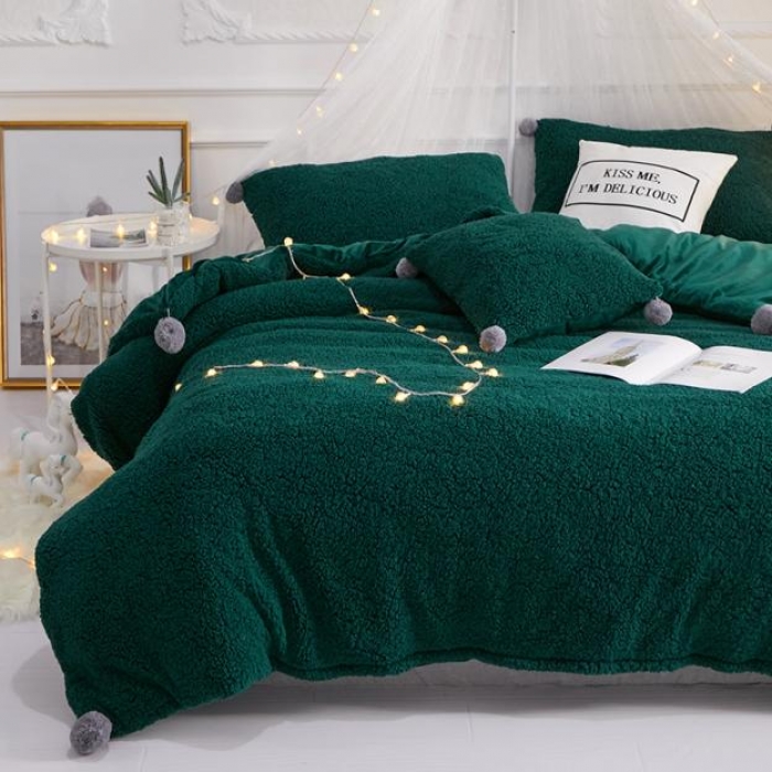 91家纺网 家纺一手货源 找家纺 一米阳光 2019新款羊羔绒-暖绒系列套件 暖绒绒-墨绿