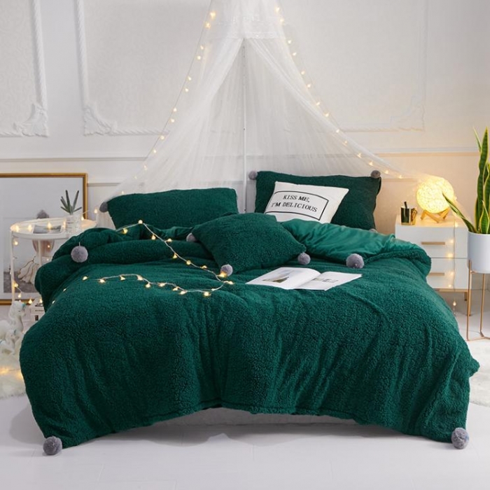 91家纺网 家纺一手货源 找家纺 一米阳光 2019新款羊羔绒-暖绒系列套件 暖绒绒-墨绿