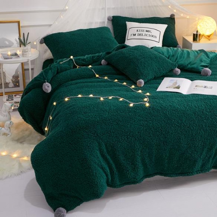 91家纺网 家纺一手货源 找家纺 一米阳光 2019新款羊羔绒-暖绒系列套件 暖绒绒-墨绿