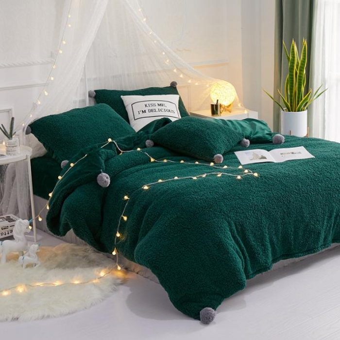 91家纺网 家纺一手货源 找家纺 一米阳光 2019新款羊羔绒-暖绒系列套件 暖绒绒-墨绿