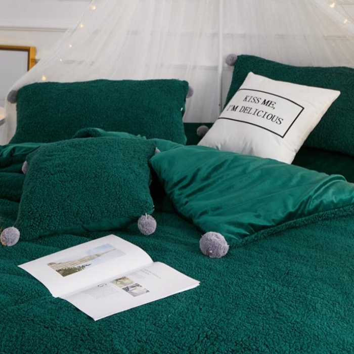 91家纺网 家纺一手货源 找家纺 一米阳光 2019新款羊羔绒-暖绒系列套件 暖绒绒-墨绿