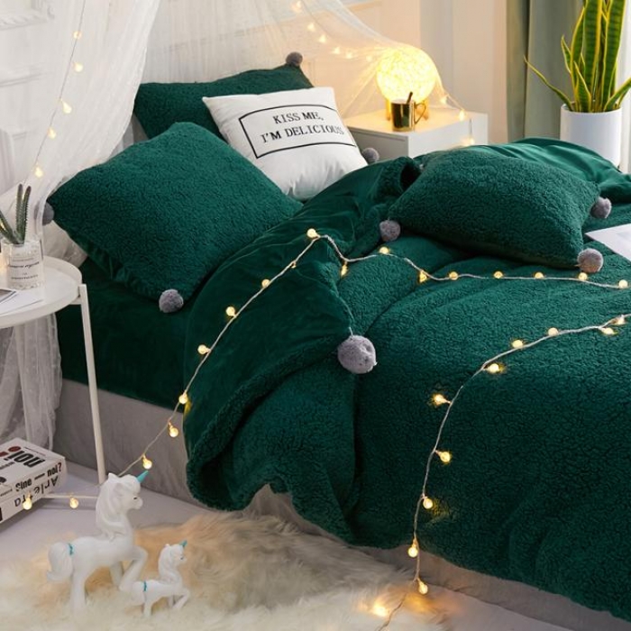 91家纺网 家纺一手货源 找家纺 一米阳光 2019新款羊羔绒-暖绒系列套件 暖绒绒-墨绿