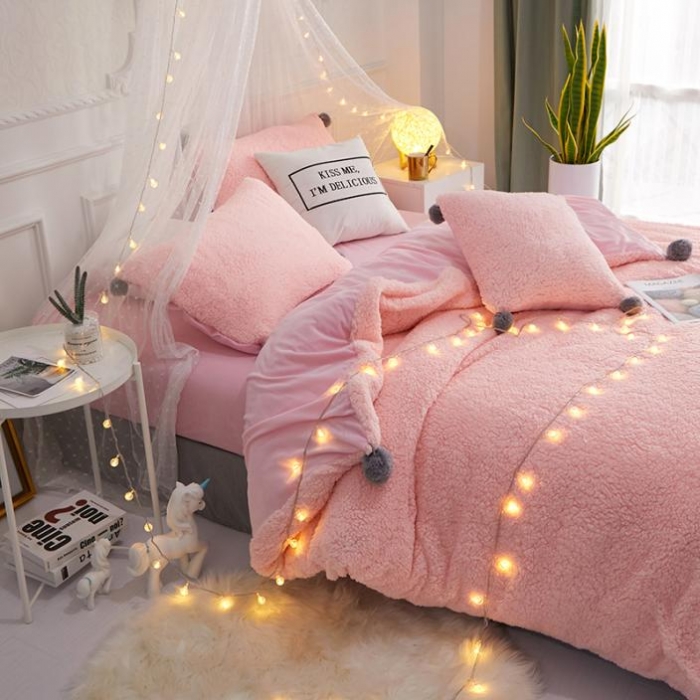 91家纺网 家纺一手货源 找家纺 一米阳光 2019新款羊羔绒-暖绒系列套件 暖绒绒-嫩粉