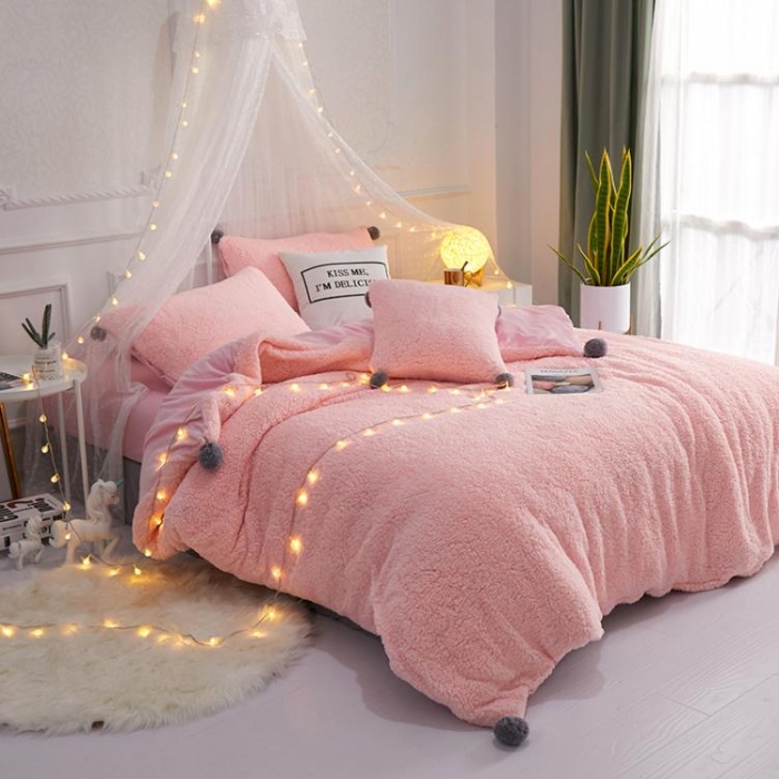 91家纺网 家纺一手货源 找家纺 一米阳光 2019新款羊羔绒-暖绒系列套件 暖绒绒-嫩粉