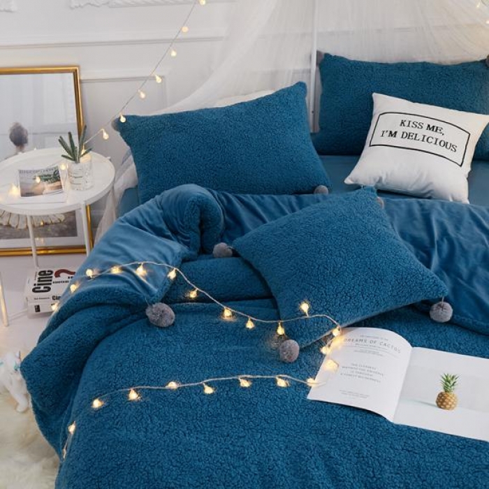 91家纺网 家纺一手货源 找家纺 一米阳光 2019新款羊羔绒-暖绒系列套件 暖绒绒-宝蓝