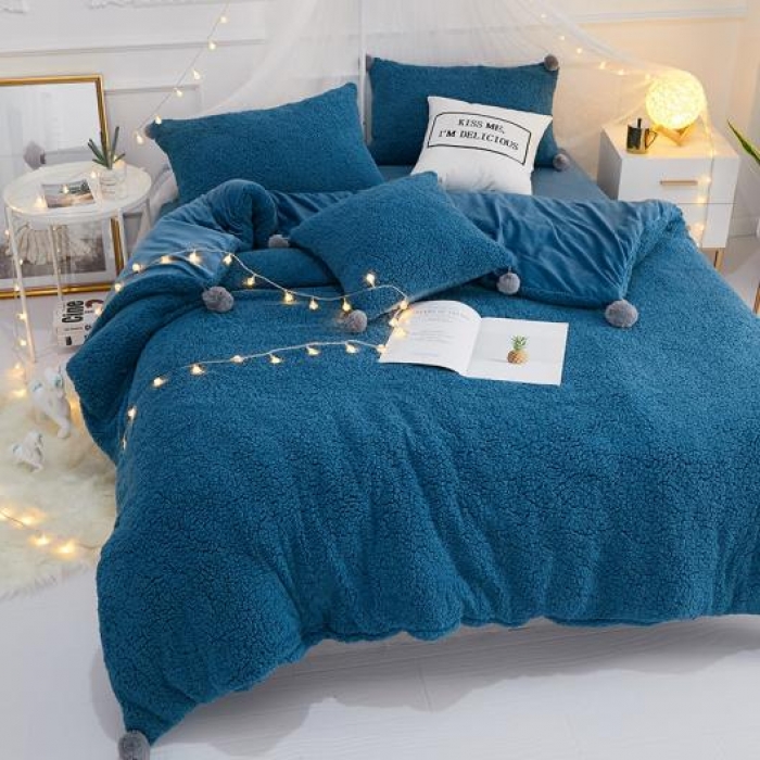 91家纺网 家纺一手货源 找家纺 一米阳光 2019新款羊羔绒-暖绒系列套件 暖绒绒-宝蓝